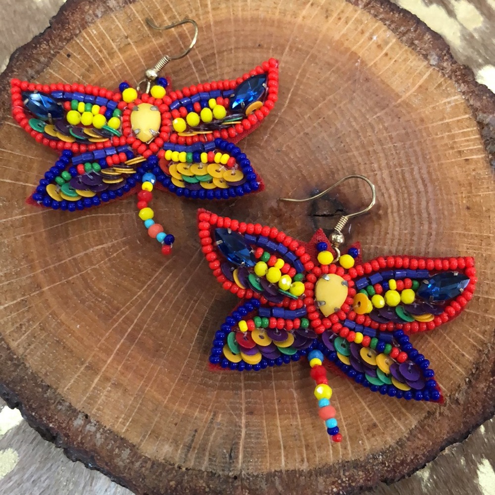 Multi Colored Beaded Dragonfly Earrings